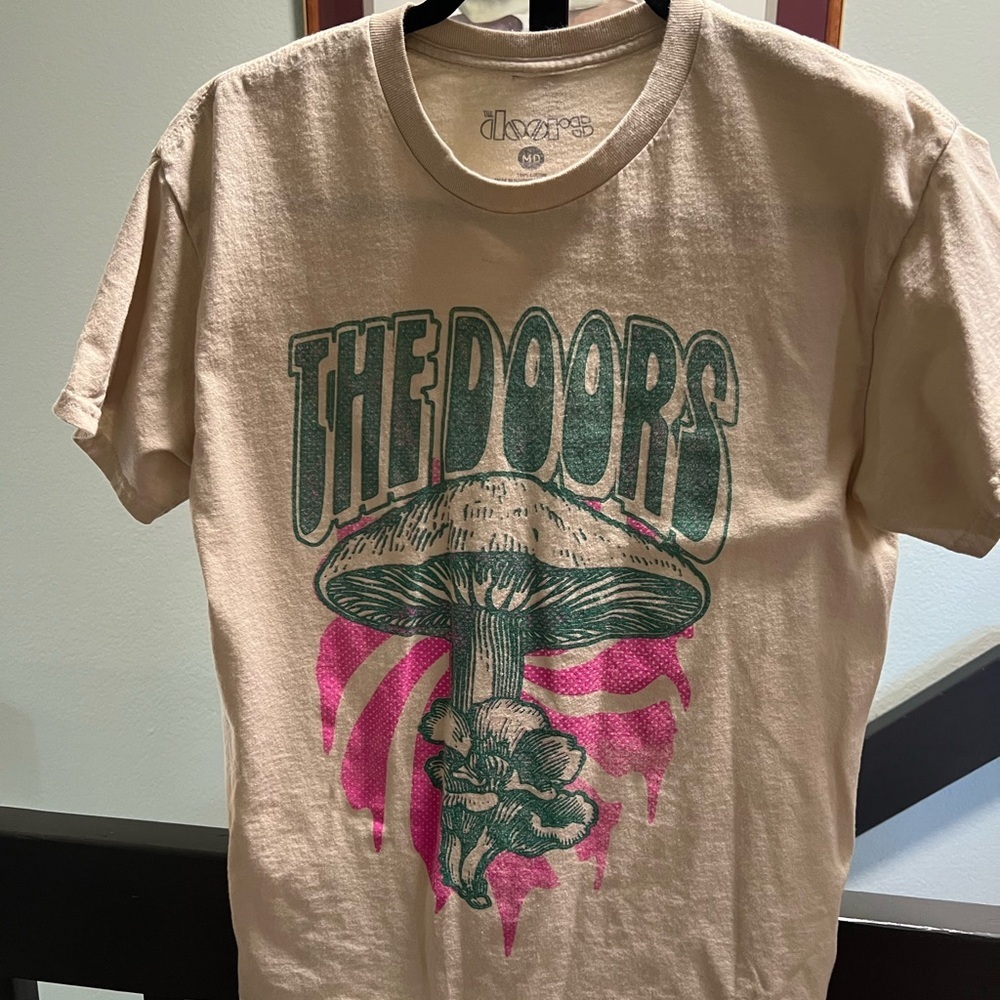 Tan Graphic Tee with Green and Pink Design #277
